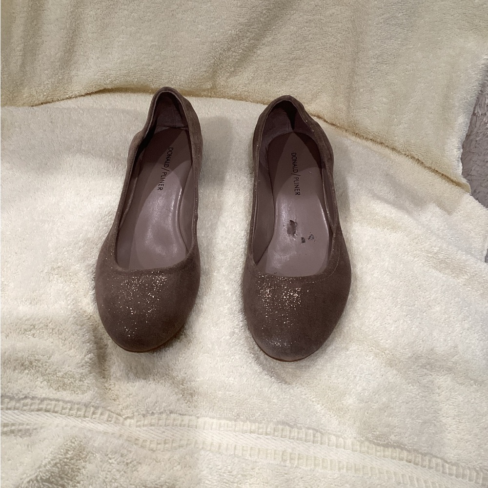 Donald J. Pliner Taupe Suede Glitter Round-Toe Flats